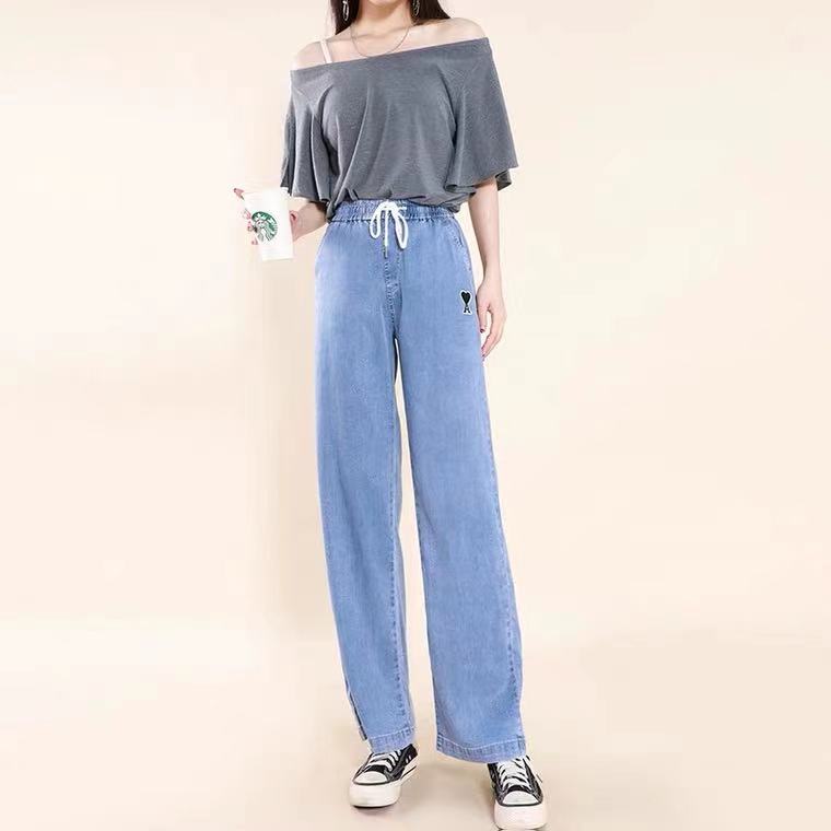 夏新品休闲收腰阔脚扑克图文牛仔裤女