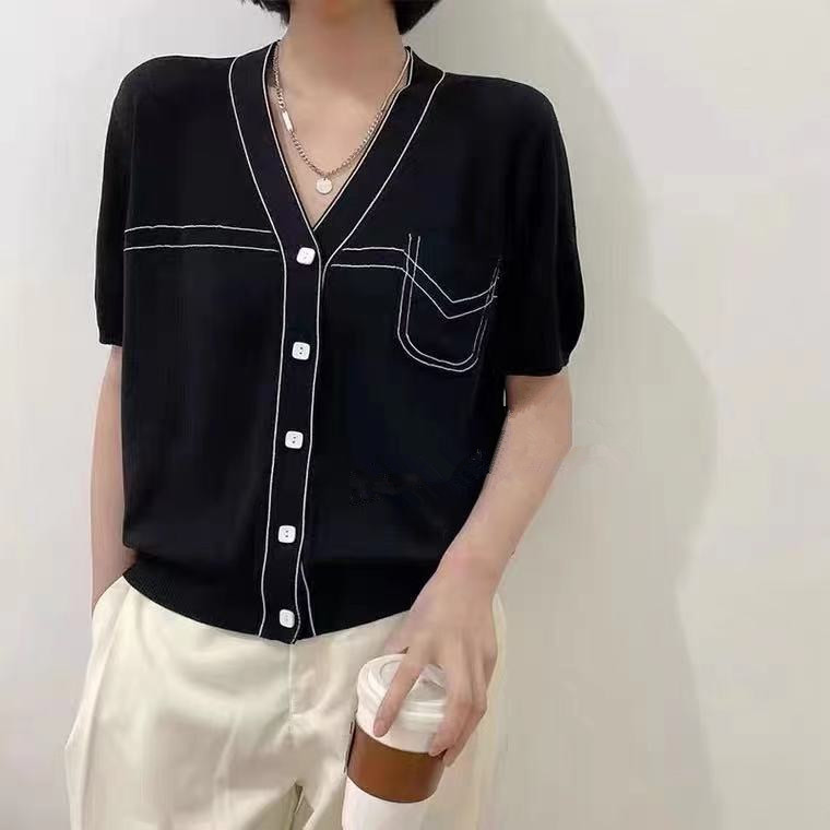 夏季新款宽松冰麻针织开衫女短袖V领薄款显瘦上衣外套