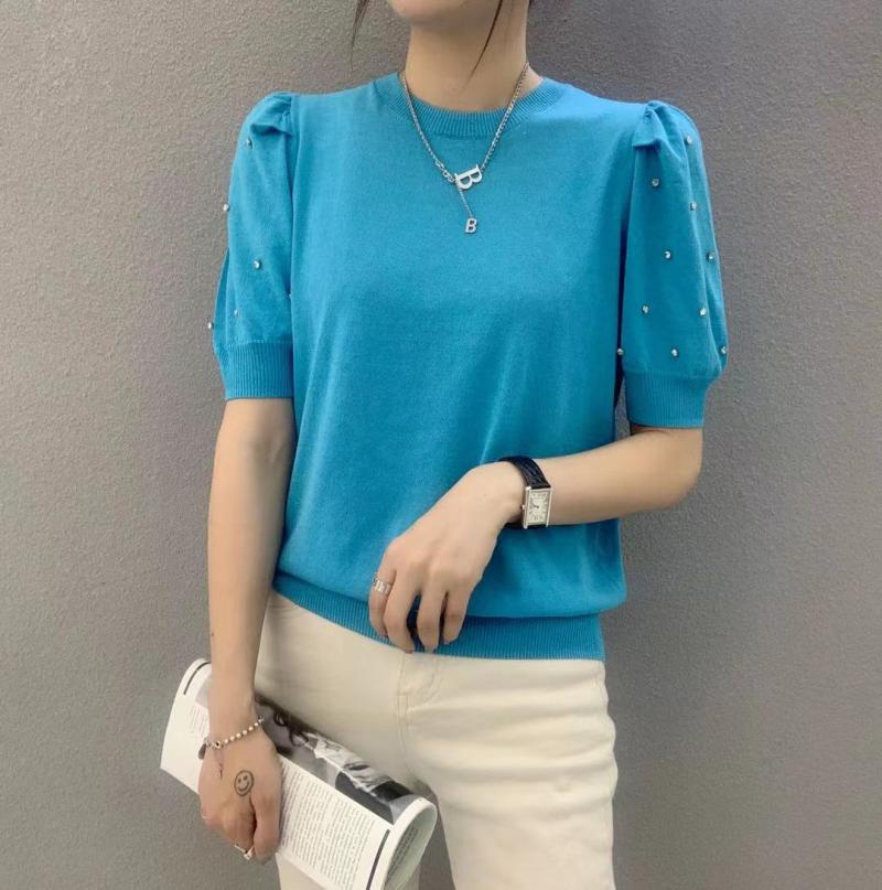 镶钻泡泡袖亮色圆领上衣亚麻针织衫宽松气质冰丝T恤