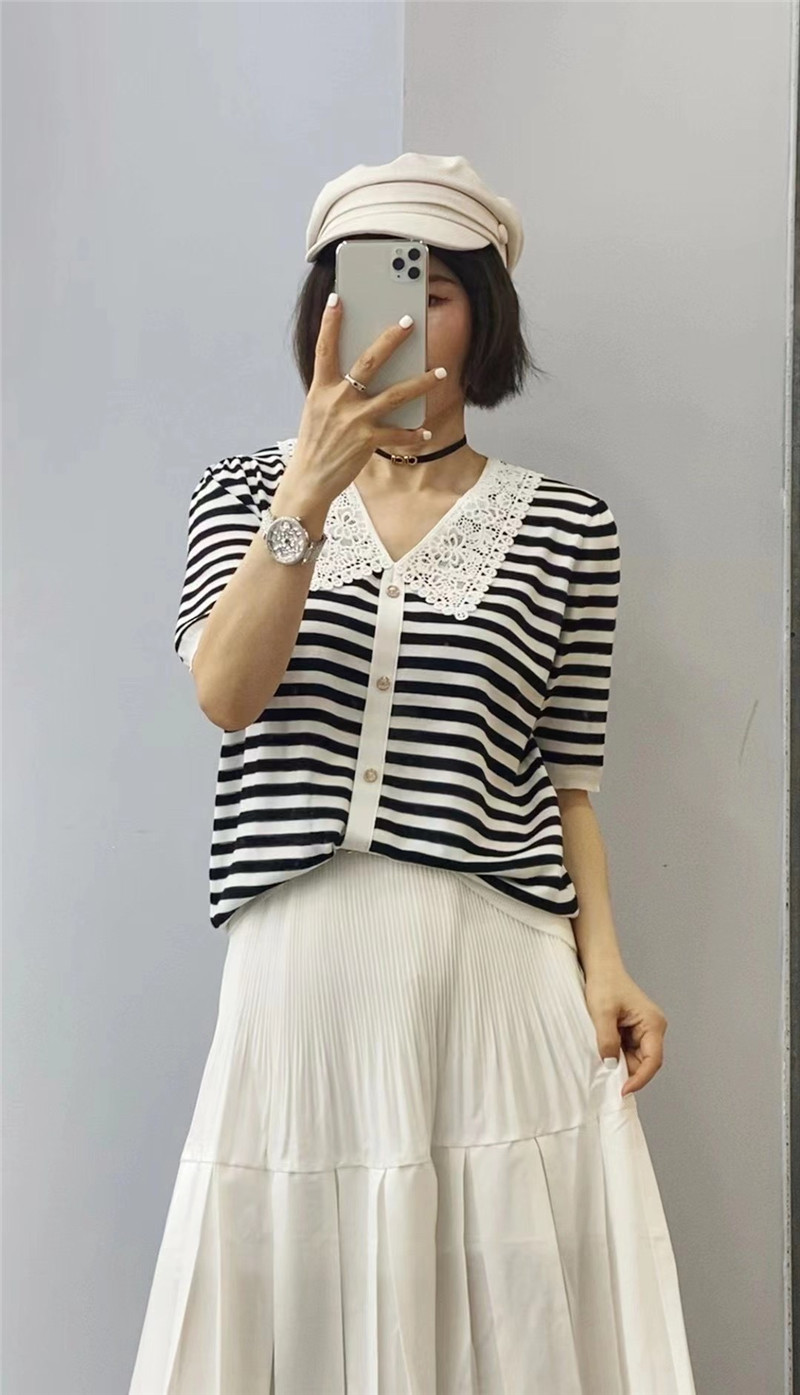 套头蕾丝娃娃领撞色条纹短袖薄款冰丝针织衫上衣百搭女
