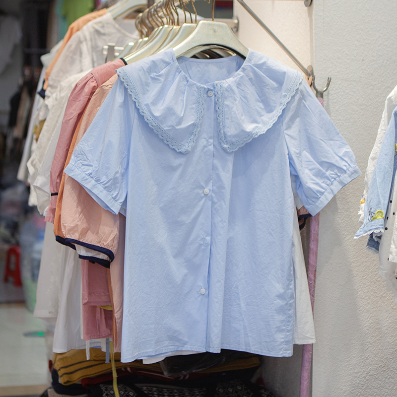 洋气减龄娃娃领白色棉质短袖衬衫女大翻领盐系上衣