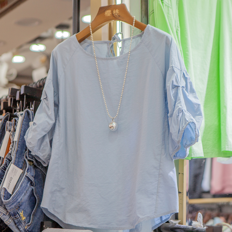 夏季新品袖子褶皱纯色宽松大码衬衫女后棉绑带休闲短袖上衣