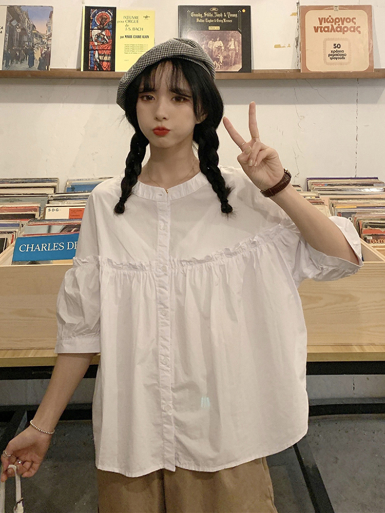 夏季小清新宽松娃娃衫设计感小众衬衣女白色短袖衬衫法式气质上衣