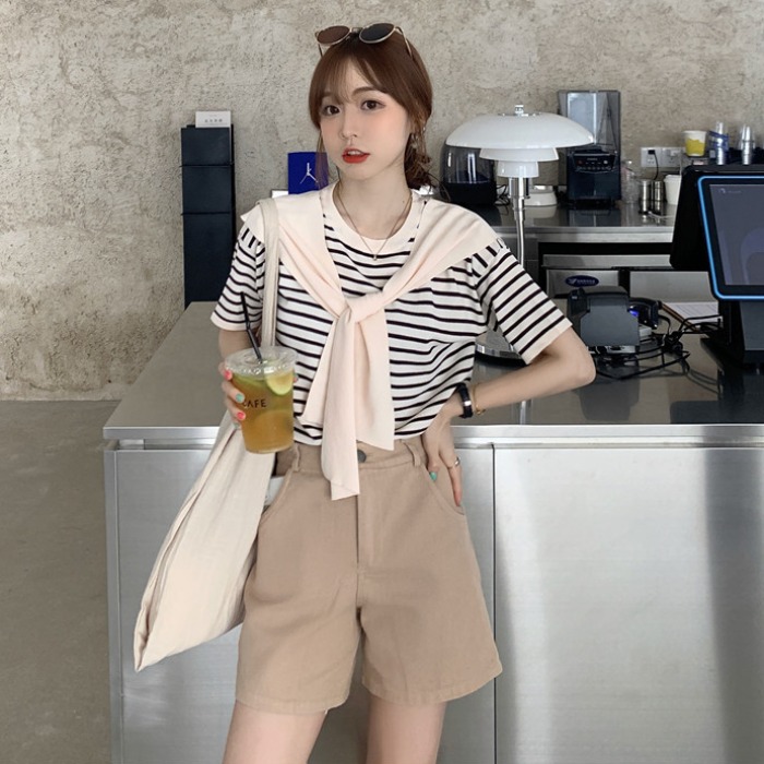 复古条纹短袖针织T恤女