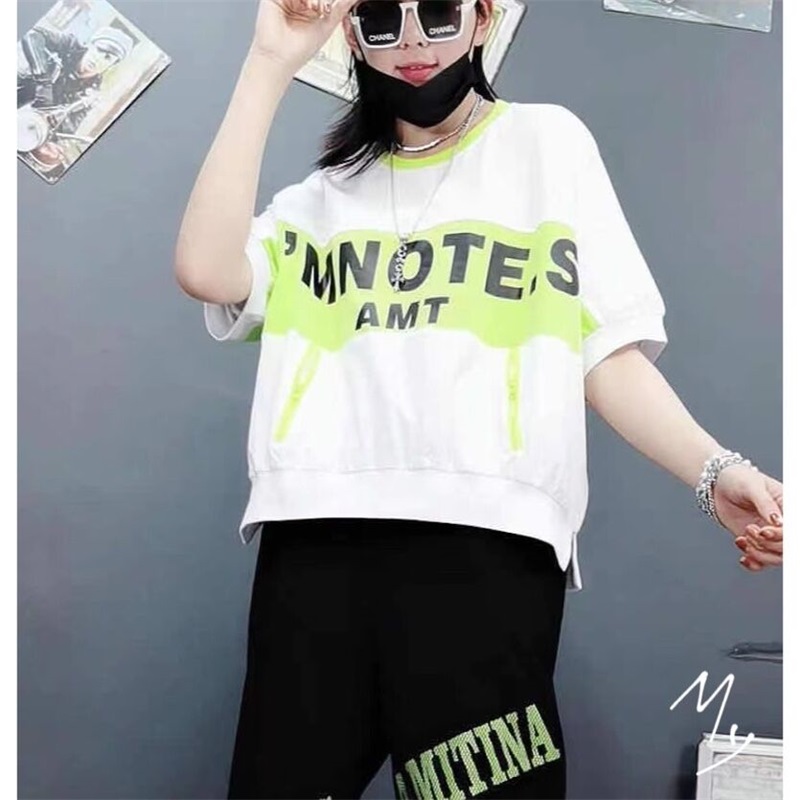 个性拼色T恤女宽松夏季新款韩版百搭休闲圆领字母短袖上衣潮