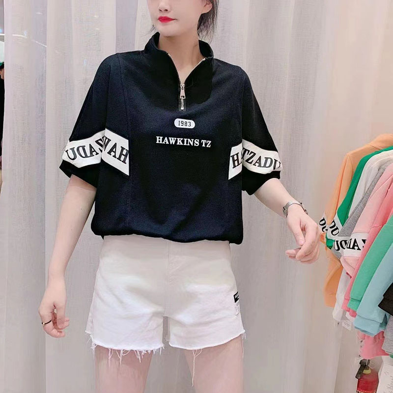 欧洲站字母印花卫衣女春夏洋气宽松蝙蝠衫潮流立领半袖上衣