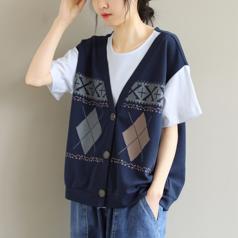 宽松文艺撞色拼接短袖T桖假两件百搭休闲上衣