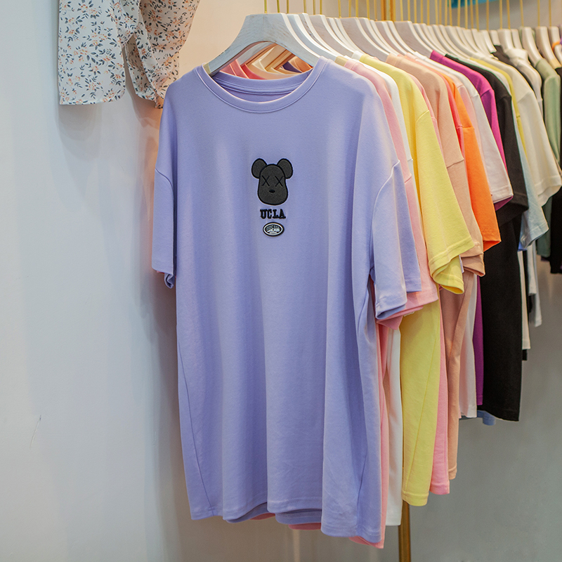 夏装新款短袖宽松水洗棉大版型中长款刺绣T恤女圆领卡通图案上衣