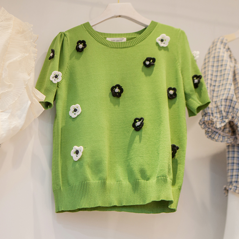 新款女夏装法式短款针织衫泡泡袖设计感小众打底上衣