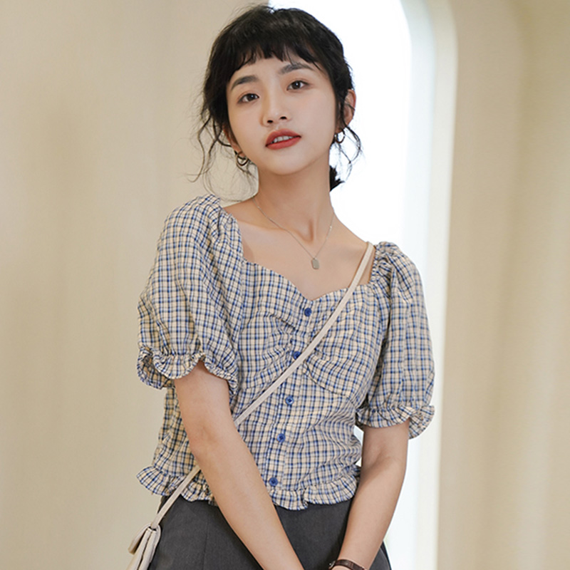 复古格子方领短款短袖衬衫女夏高腰小个子设计感泡泡袖木耳边上衣