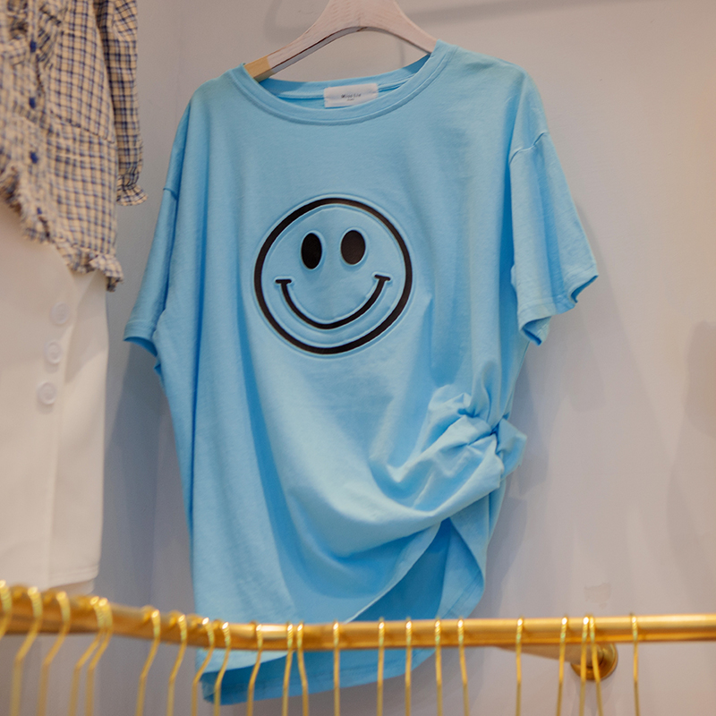 宽松韩版打底半袖爽滑棉荧光大笑脸