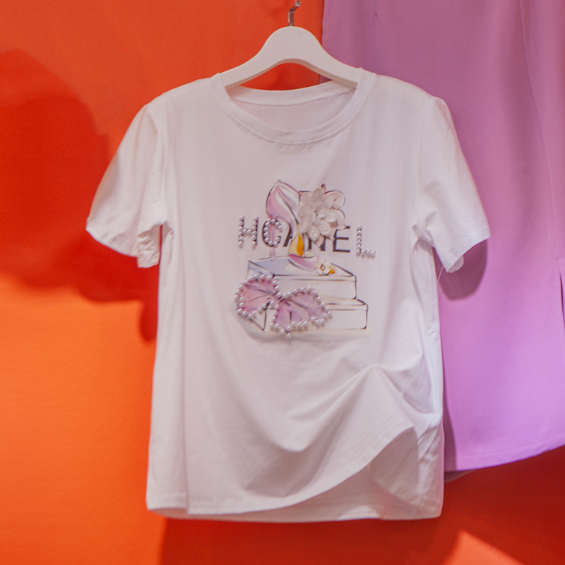 夏季女装新款甜美印花钉珠修身白色上衣