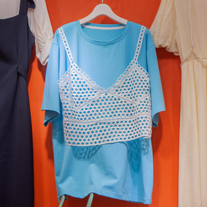 韩版假两件蕾丝背心T恤女短袖宽松大版休闲甜美百搭潮ins