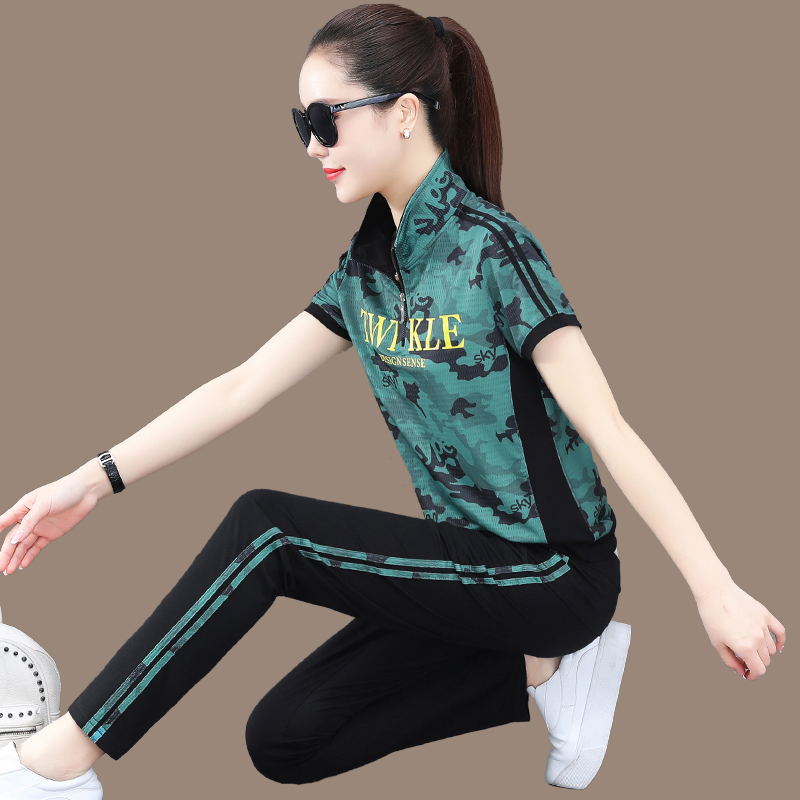 冰丝运动套装女夏季宽松大码薄款时尚短袖迷彩服休