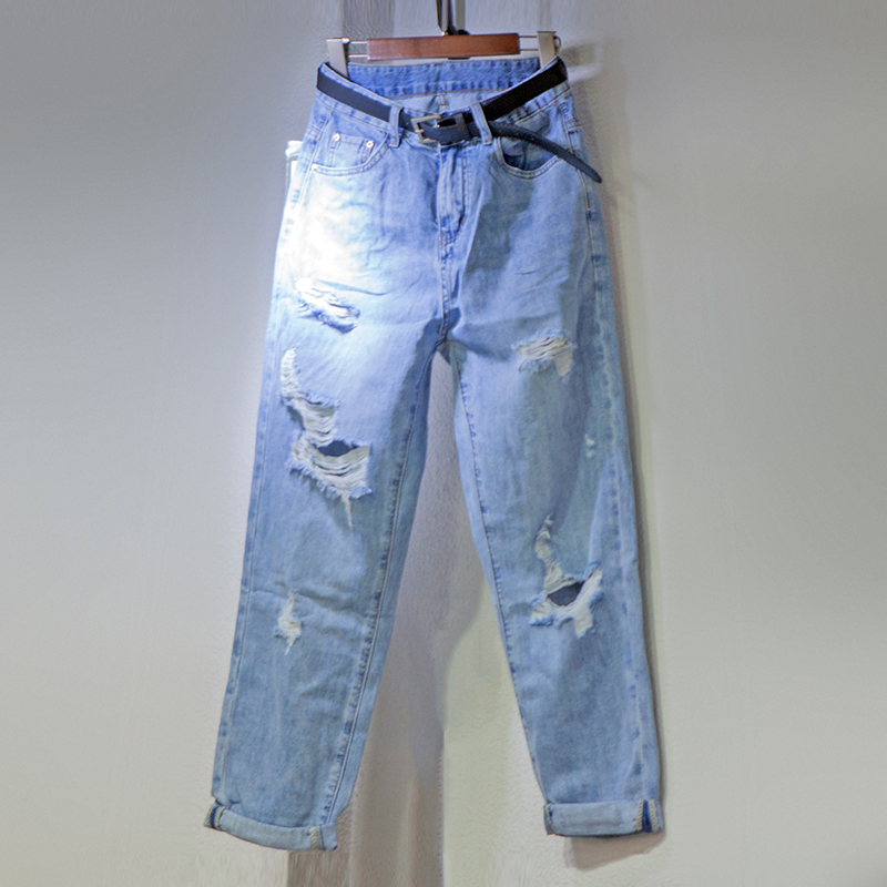 直筒裤女宽松显瘦老爹裤破洞九分小脚裤女