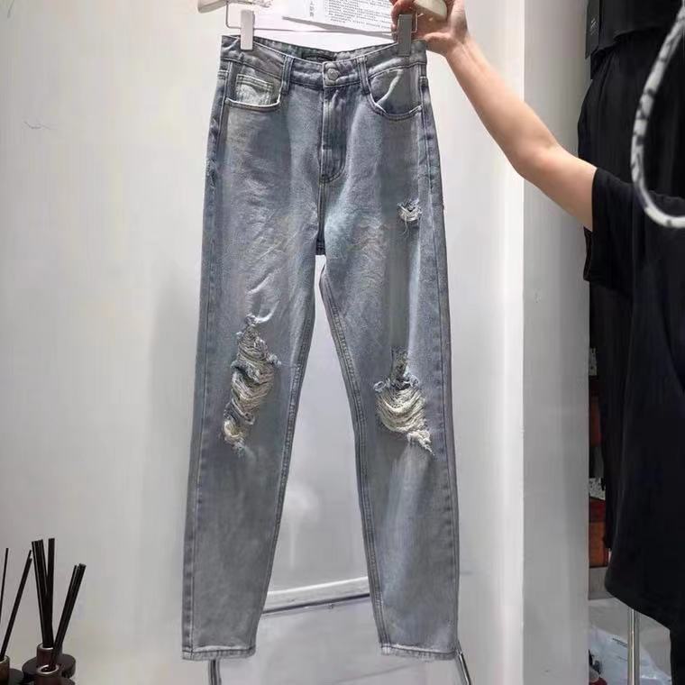 通勤时尚个性膝盖破洞宽松休闲牛仔裤潮
