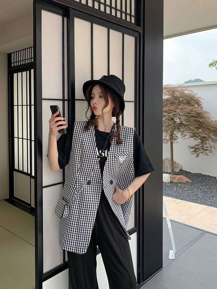 格子西装马甲两件套女夏季新款宽松款