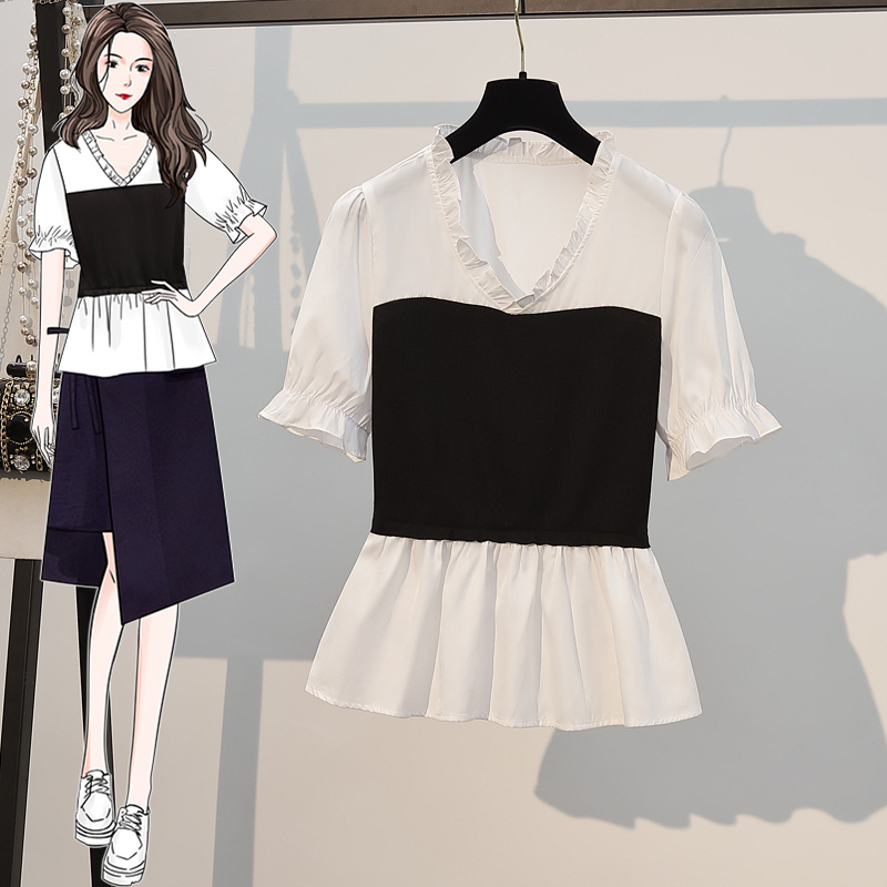 收腰洋气显瘦雪纺衬衫女设计感小众大码遮肚V领上衣拼接T恤夏