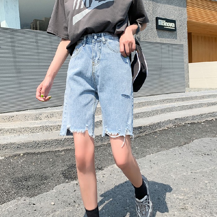 5分中长款直筒港味五分牛仔裤女高腰显瘦宽松中裤破洞阔腿裤短裤