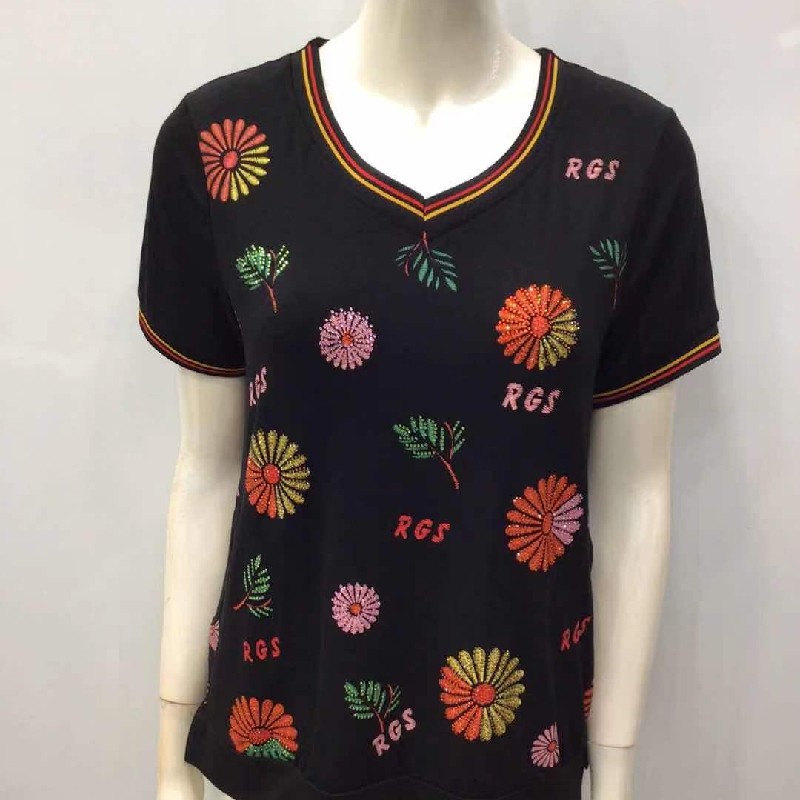 夏季新款黑色镶钻印花妈妈装短袖大码休闲女T恤