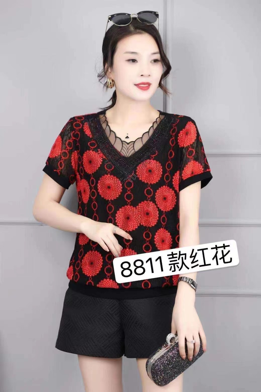 夏季新款妈妈短袖T恤女雪纺遮肚子显瘦.