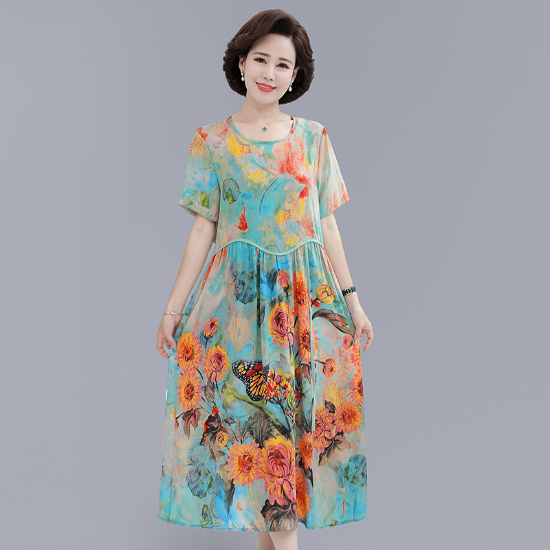 洋气妈妈印花连衣裙女