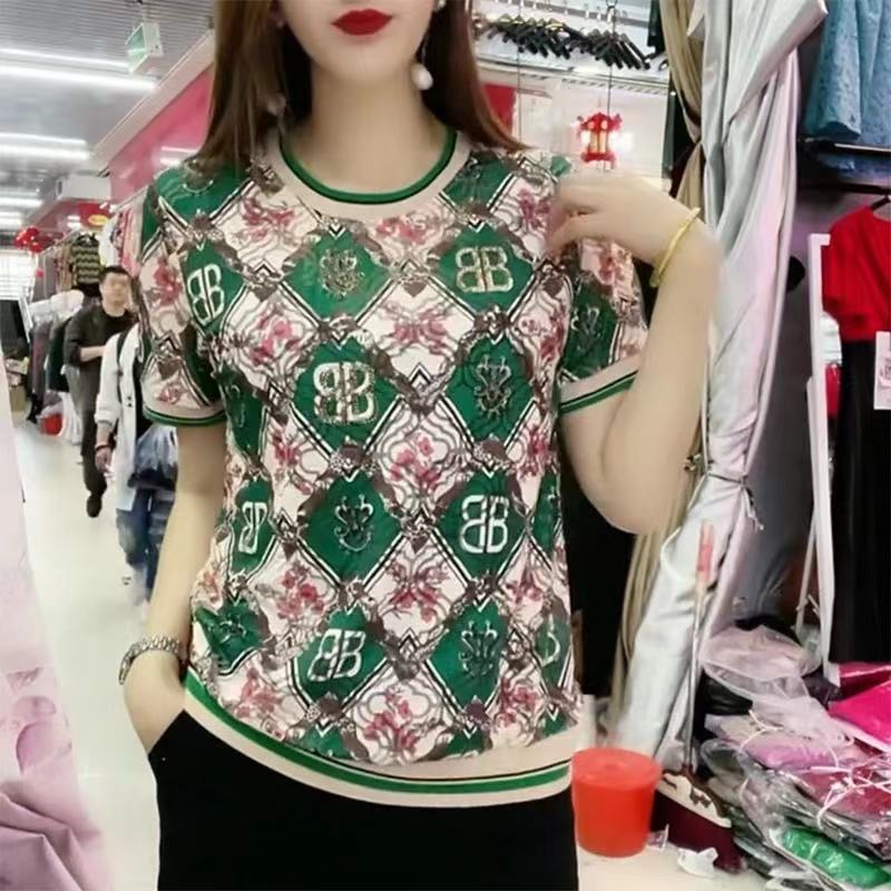 新款短袖圆领T恤衫女休闲冰丝小衫百搭时尚打底上衣减龄洋气显瘦
