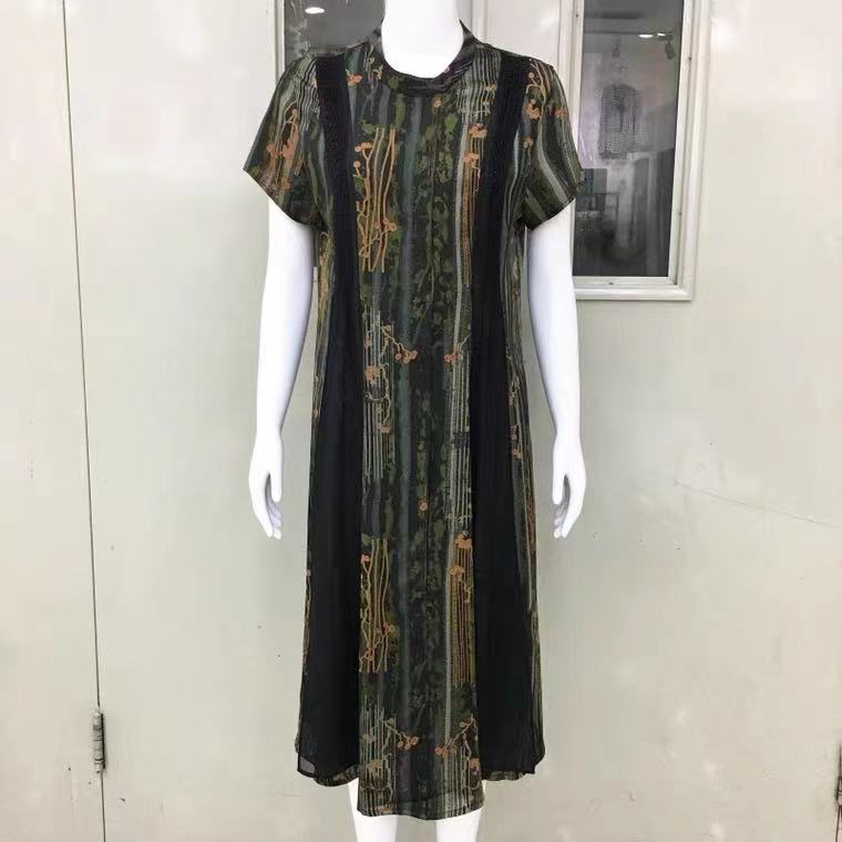 夏季新款妈妈短袖真丝缎长裙