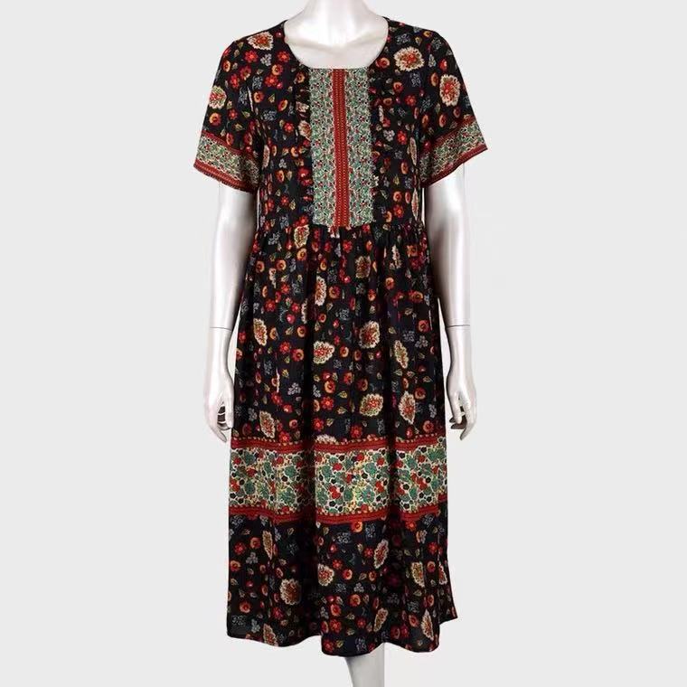 中年妈妈连衣裙修身气质短袖大码圆领