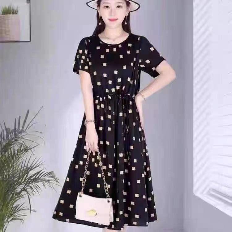 连衣裙a字裙夏新款短袖印花中长款大码收腰抽绳