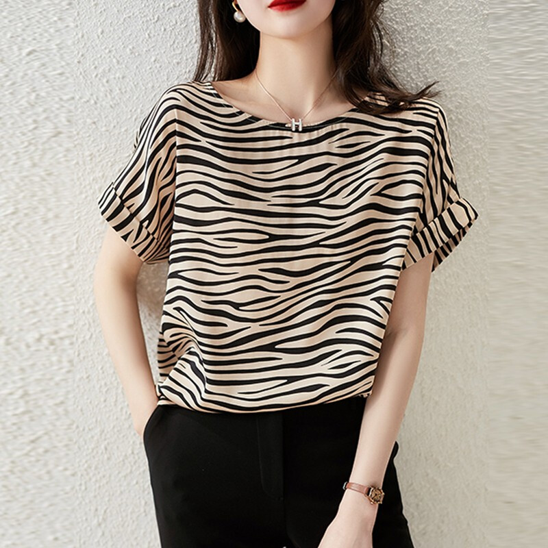 斑马纹短袖雪纺衫女宽松设计感t恤衬衫轻熟风