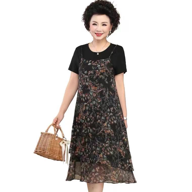 中老年夏装连衣裙短袖中年女装40岁50洋气妈妈夏季大码假两件裙子