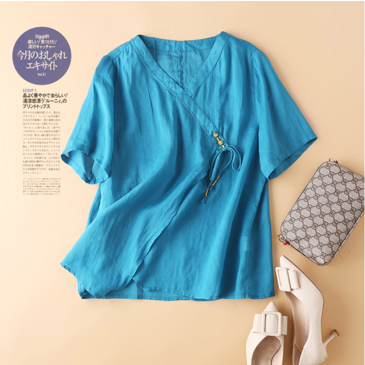 苎麻V领五分袖衬衫棉麻文艺复古上衣女