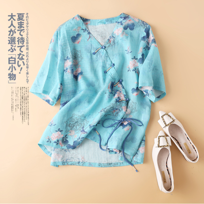 亚麻V领短袖衬衫棉麻碎花复古中国风上衣女