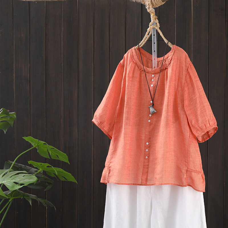 文艺复古苎麻通勤宽松上衣女夏季薄款纯色显瘦短袖T恤衫
