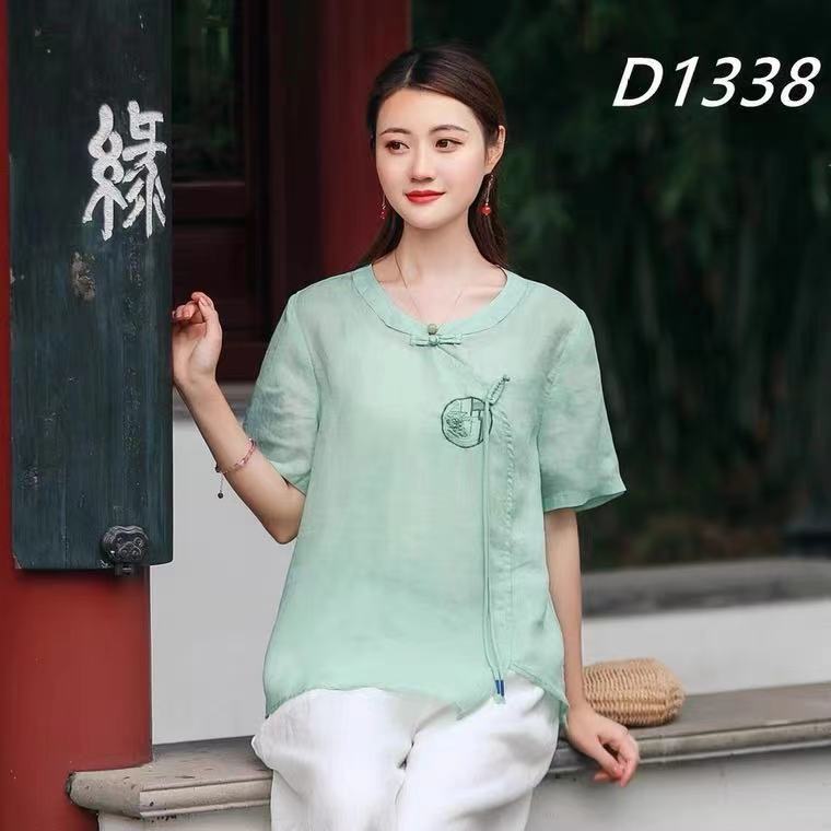 民族风斜纹纯苎麻新品夏短袖长款衬衣高端大码盘扣不规则上衣女