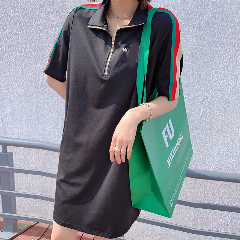 新款宽松休闲收腰显瘦透气立领短袖纯色裙子