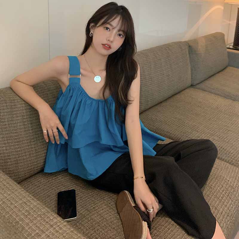 纯欲荷叶边背心女夏季奶甜辣妹蓝色吊带无袖上衣外穿设计感度假风