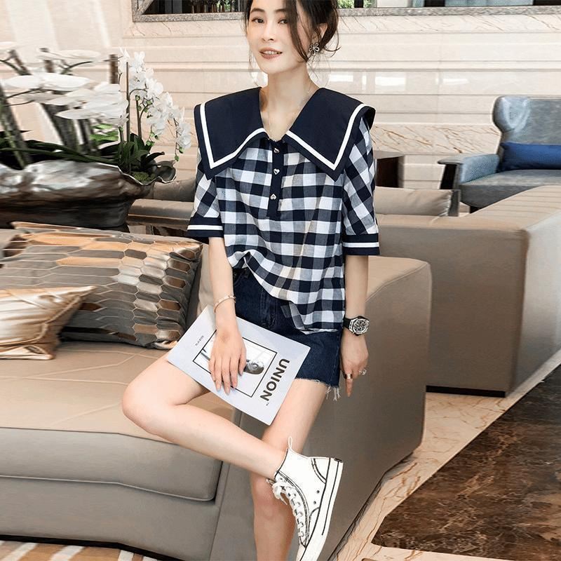 洋气减龄娃娃领格子衬衫女薄短袖夏季设计感短上衣