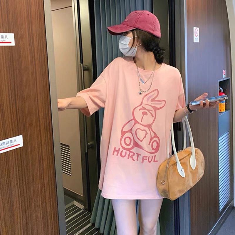 女士短袖字母印花中长款T恤宽松休闲舒适时尚气质