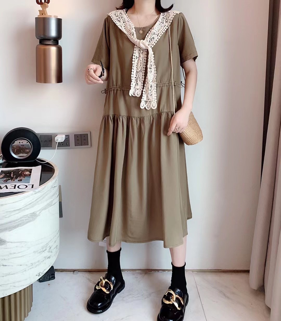 夏新蕾丝披肩外搭宽松显瘦韩版褶皱短袖中长款裙子