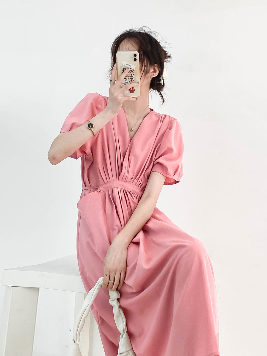 淑女风V领收腰A字抽褶系带连衣裙子女