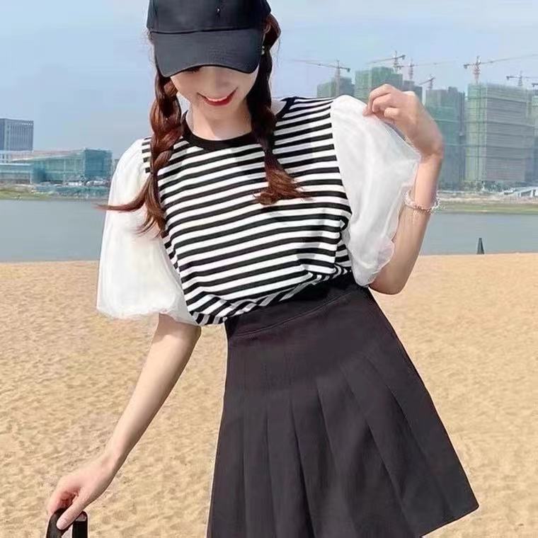 网纱拼接泡泡袖条纹短袖T恤女夏季