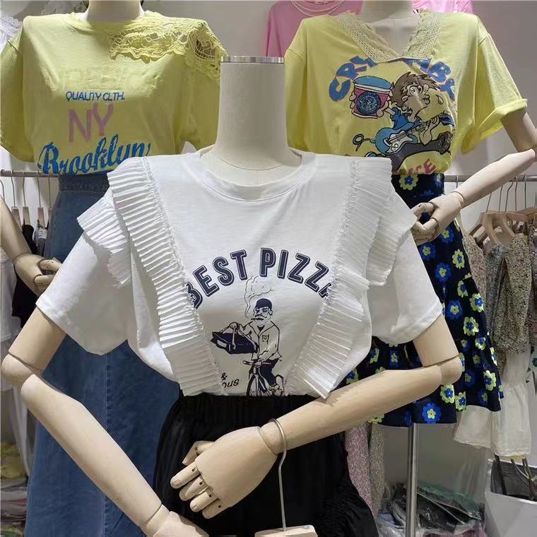 欧货夏季新款设计感小众荷叶边拼接印花T恤女短袖宽松半袖上衣潮