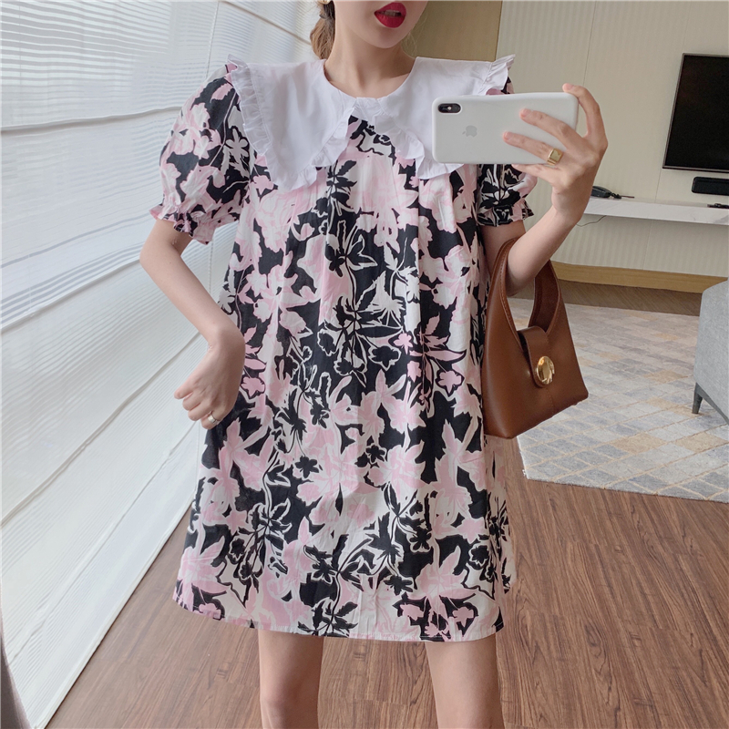 宽松显瘦娃娃泡泡袖中长款甜美碎花裙