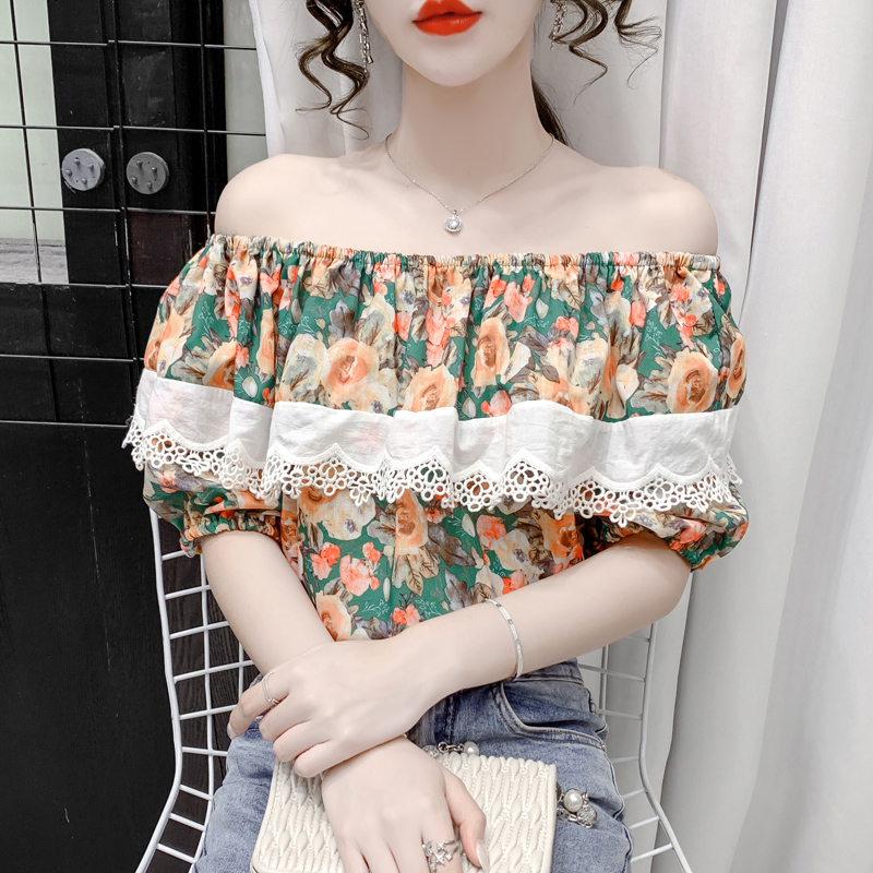 韩国一字领漏肩碎花雪纺衫短袖女新款蕾丝花边别致薄款T恤上衣夏