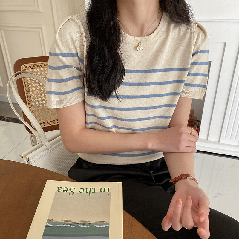 韩风chic小温柔 冰丝通勤减龄条纹针织衫百搭夏季