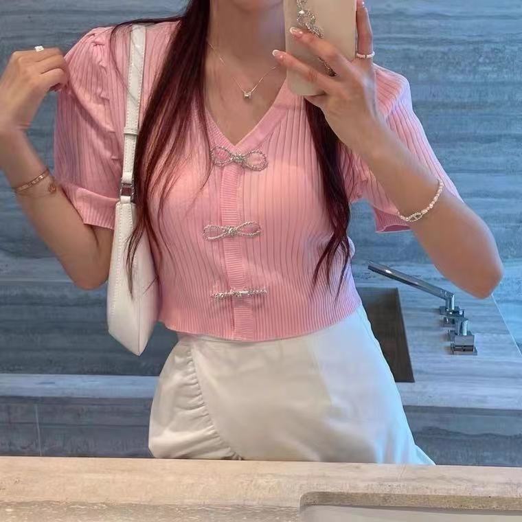 夏V领重工蝴蝶结装饰短上衣