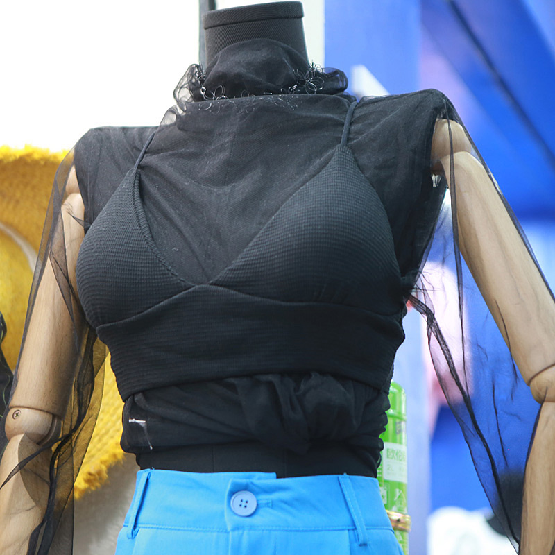 秋微透视网纱打底衫女高领内搭紧身薄纱短款罩衣上衣