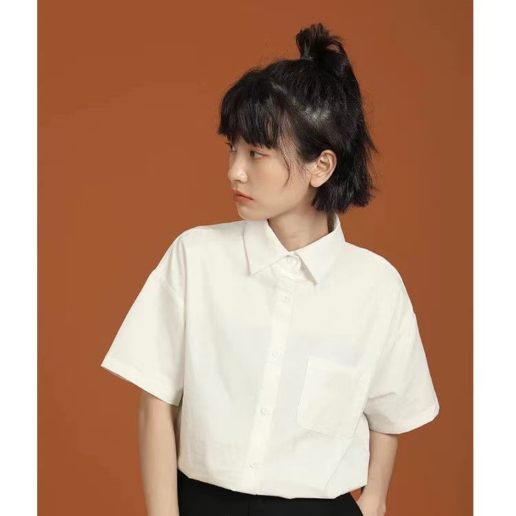 夏季盐系polo领100%纯棉简约白色衬衫宽松日系复古工装纯色上衣女